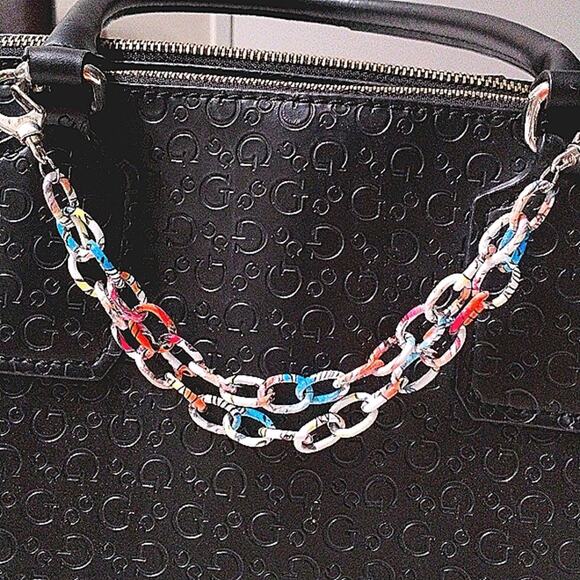 Art Deco Bag Chain 8" White Colorful Enameled Metal Rainbow Artsy Fairygoth Fun - Picture 9 of 9